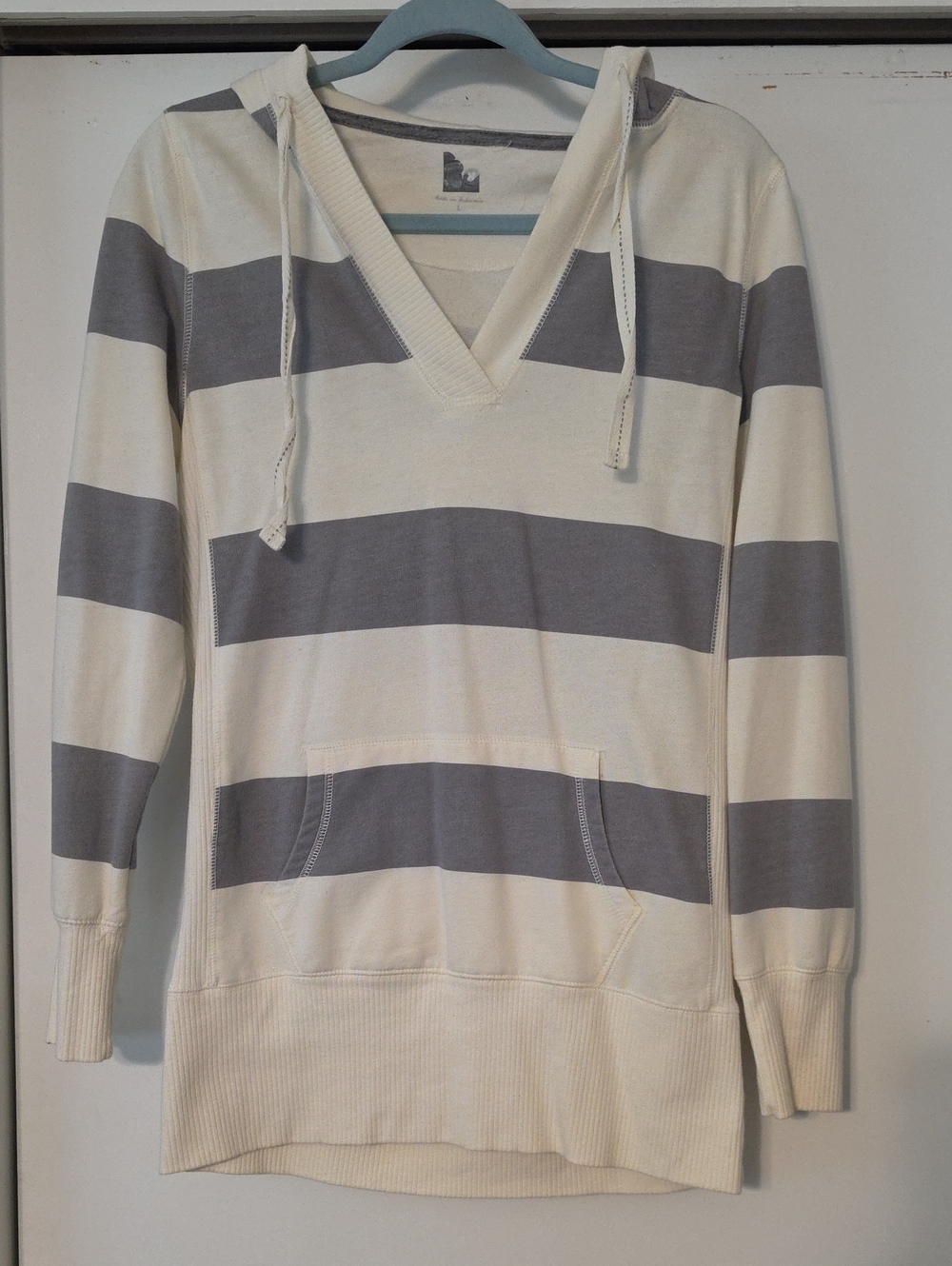 Women's Cream and Gray Striped V-Neck Hoodie Sweater